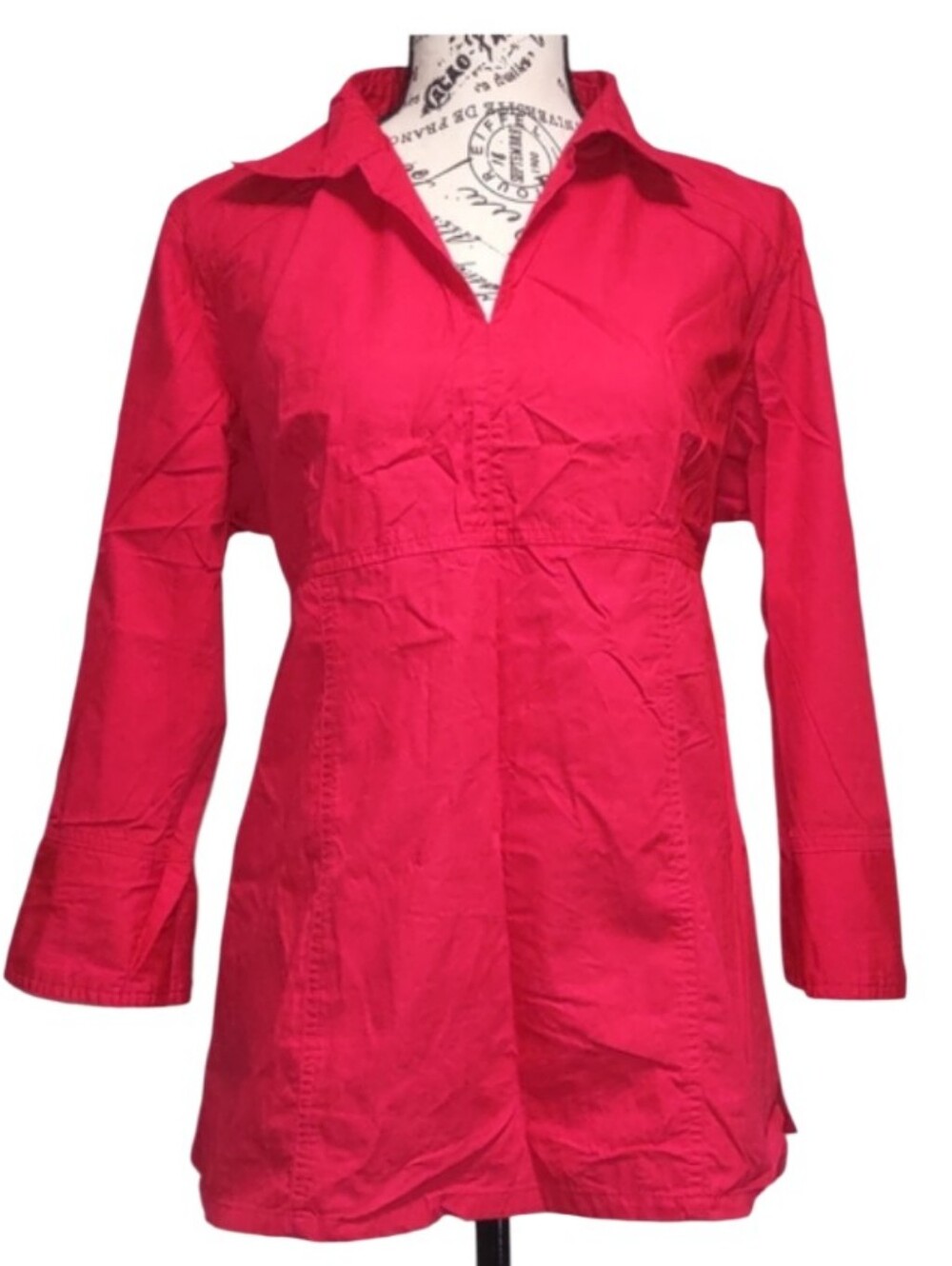 Maternity Announcements Collared Tunic Red Tops 3/4 Sleeve Size L  100% Cotton